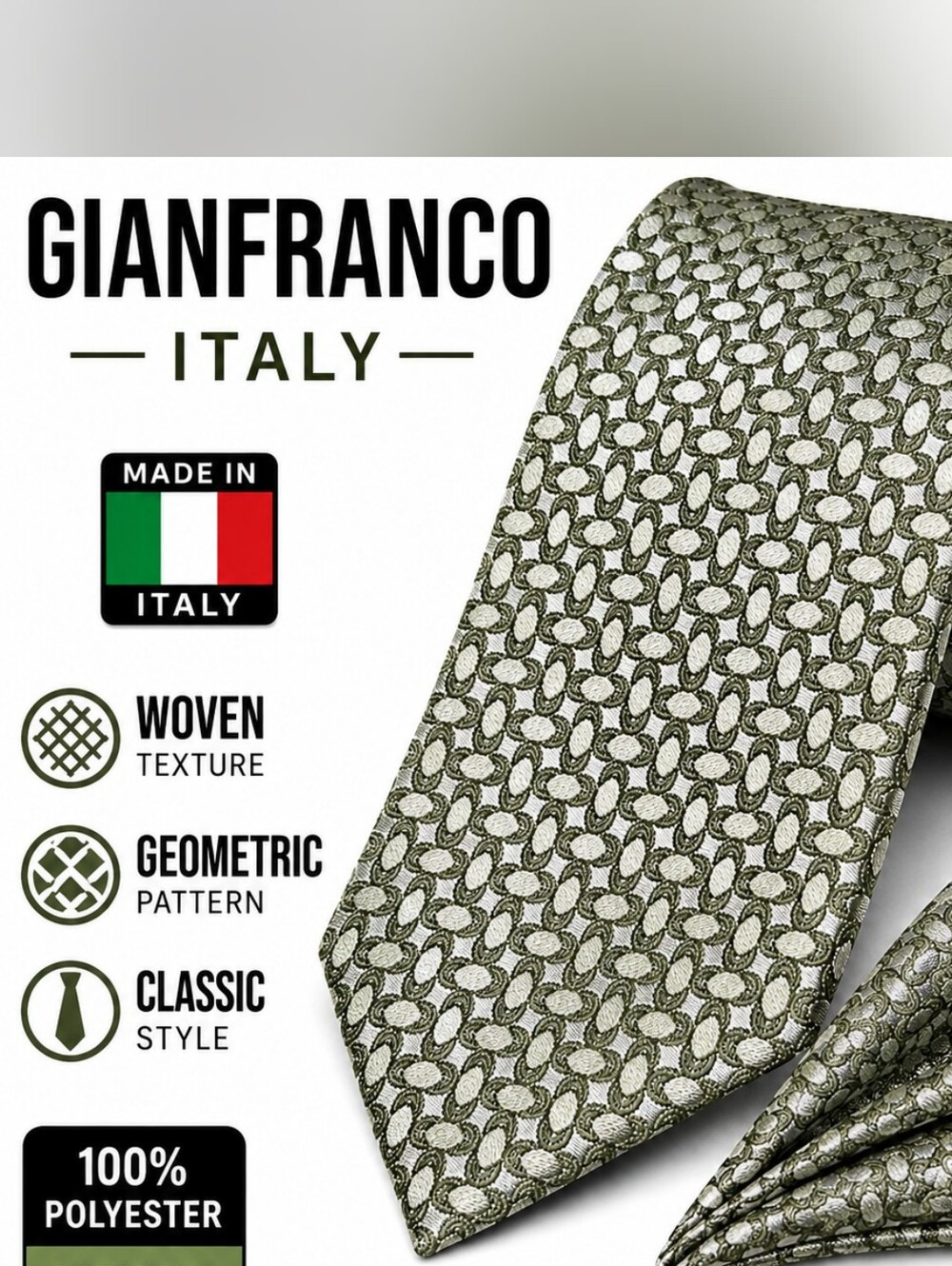 Olive Green Geometric Silk Tie with Matching Pocket Square
